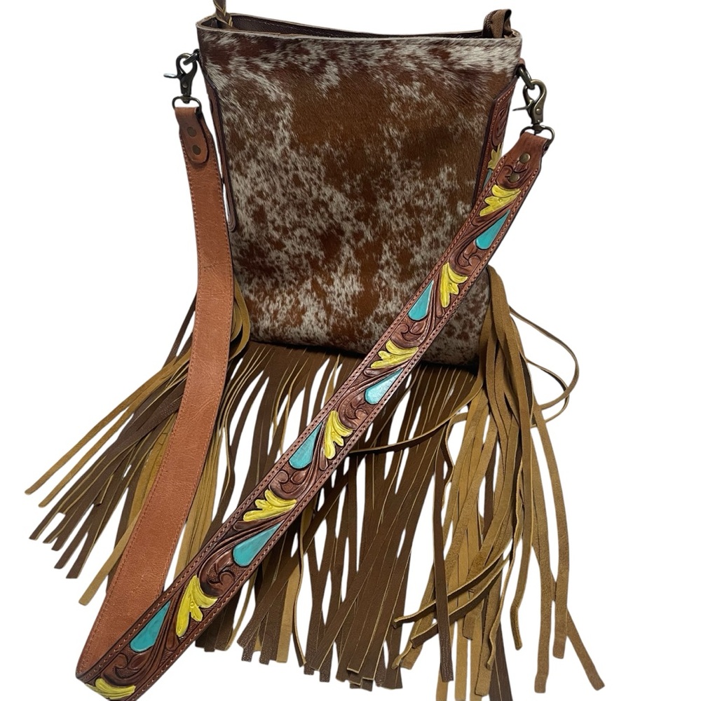 American Darling Cow Print Hair Fringe Western Purse Crossbody Messenger Bag